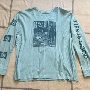 Life Is Good Light Blue Surf & Wave Long Sleeve Tee Men's Size XL